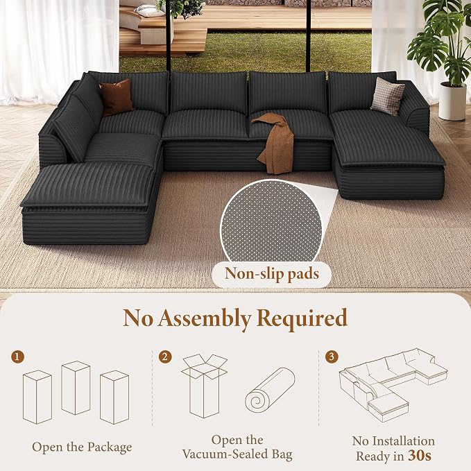 Vesgantti 141.7" U Shaped Sectional Boneless Couch, Modern 6 Seater Modular Sofa with Chaise & Ottoman, Deep Seat Plush Corduroy Cloud Couches for Living Room, No Assembly Required, Dark Gray