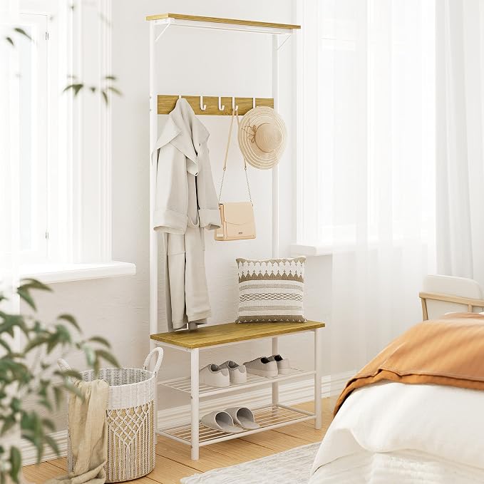 Hall Tree with Bench and Shoe Storage, 3-in-1 Coat Rack Shoe Bench, Freestanding Wooden Coat Rack with Metal Frame, 3-Tier Storage Shelf and 5 Removable Hooks, White