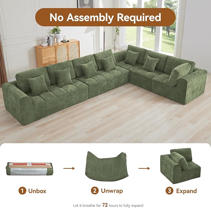 170''Modular Sectional Couches for Living Room, Cloud Boneless Compressed Sectional Sofa, Oversized L Shaped 7 Seater Upholstered Memory Foam Sofa, No Assembly, Chenille Green