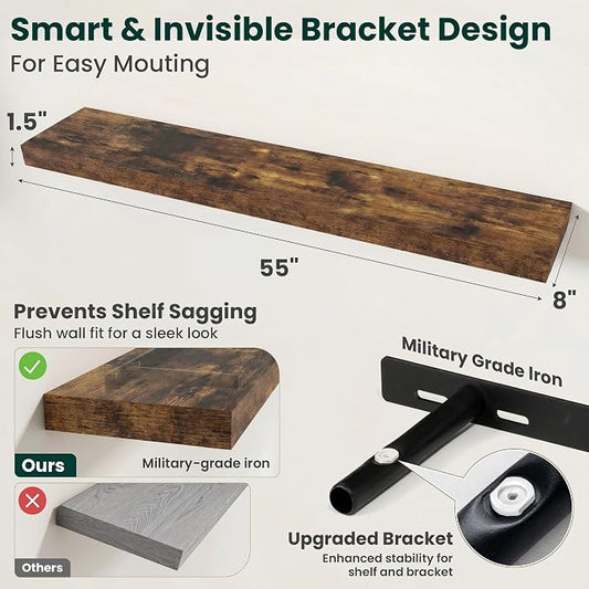 Floating Shelves for Wall, 55 Inch x 8 Inch Deep Wall Mounted Wood Shelf with Invisible Brackets for Storage & Display, Living Room Bedroom Kitchen, Rustic Brown, Set of 2