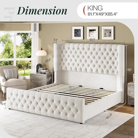 Jocisland King Size Upholstered Bed Frame with 6.3-Inch Curved Wingback Headboard, Tufted Footboard, Wood Slats, No Box Spring Needed, Beige Velvet