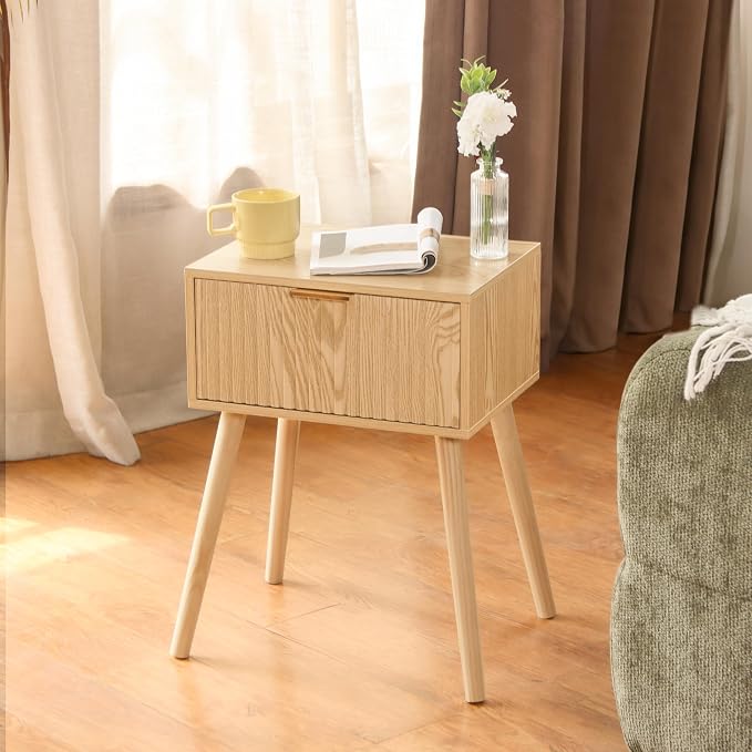 AWASEN Fluted Nightstand, Small End Tables Living Room, Wood Bedside Side Table with Storage Drawer for Bedroom and Small Space, Natural