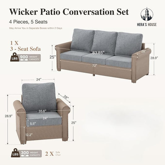 HERA'S HOUSE Patio Furniture Set, 4 x Cushioned Chairs, 3-Seat Sofa with Wood Grain Coffee Table, 5 Seats Luxury Windsor Style All Weahter Outdoor Sofa Conversation Set for Deck Lawn Backyard
