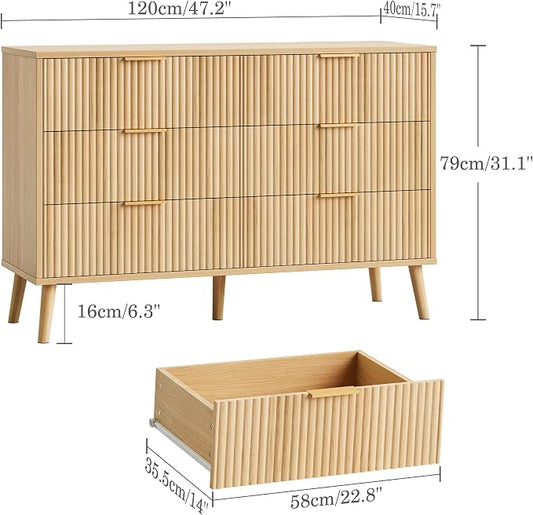 Fluted 6 Drawers Dresser for Bedroom, Wooden Wide Chest of Drawers with Metal Handle, Dresser TV Stand, Closet Storage Organizer for Entryway, Living Room, Hallway (Natural)