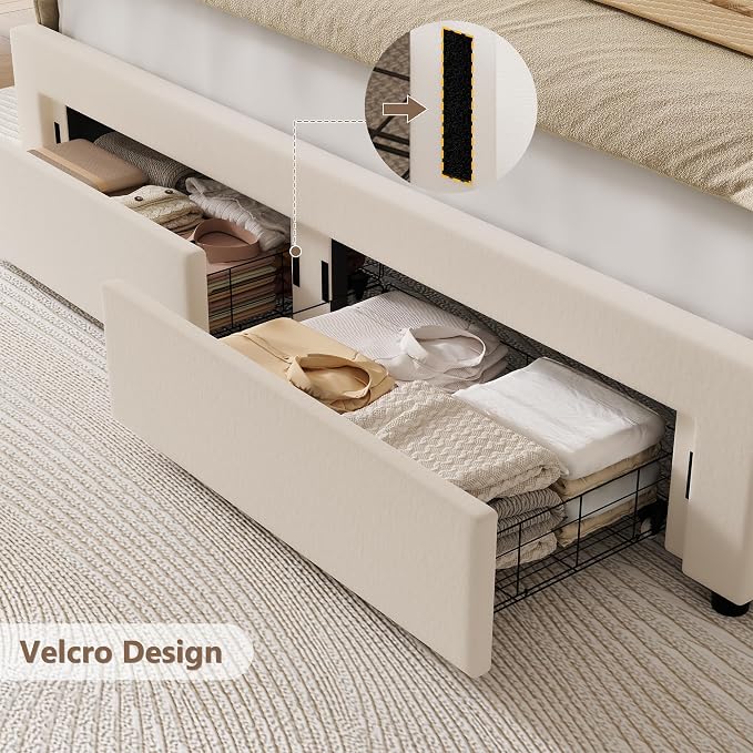 HITHOS Queen Upholstered LED Bed Frame with 2 Storage Drawers, Velvet Platform Bed with Wingback Headboard, Solid Wooden Slats Support, No Box Spring Needed, Headboard Splicing Design, Beige