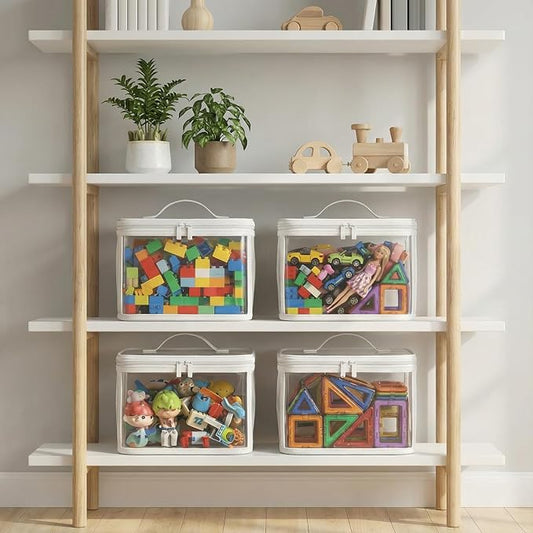 holay 4 Pack Clear Toy Storage Bags with Zipper & Handle, Board Game Bins | Reinforced base stands upright; clear PVC front; holds toys, board games & busy bags; foldable for playroom & travel