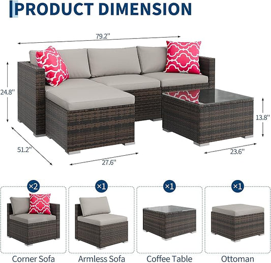 5-Piece Outdoor Sectional Sofa Set, All-Weather PE Rattan Patio Furniture with Ottoman & Tempered Glass Table, Convertible Garden Couch for Backyard, Porch, Poolside (Brown/Light Gray)