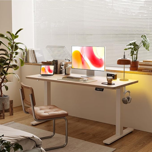TIQLAB 55 * 28 Inches Standing Desk, Adjustable Height Stand up Desk,Sit Stand Home Office Table with Splice Board, Light Walnut
