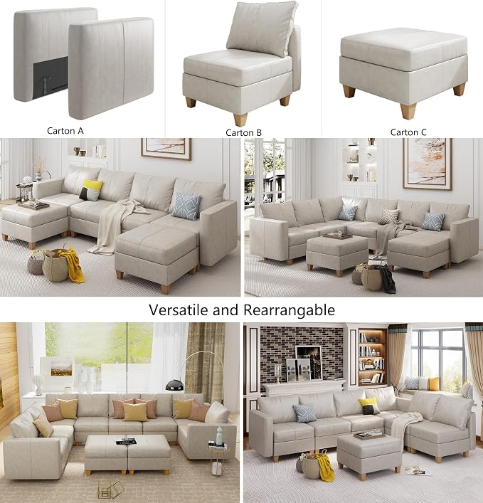 EASE MOOSE Modular Sectional Sofa with Storage, Faux Leather Sectional, Leather Couches for Living Room,Whitesand