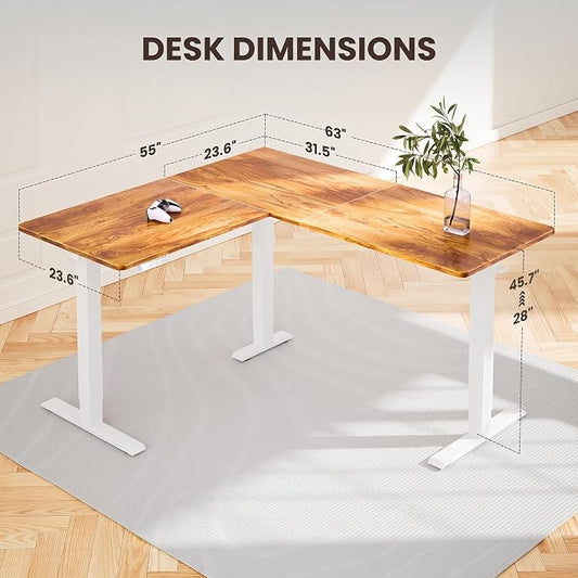 ErGear L Shaped Standing Desk, 63"x55" Electric Adjustable Height Sit Stand up Desk, Ergonomic Large Computer Table, Left & Right Interchangeable Installation, Suitable for Home Office, Light Vintage