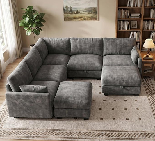 Modular Sectional V Shaped Sofa Couches for Living Room, Cloud Couch with Storage Ottoman, Comfy Chenille Sofa with Pillow, Dark Gray