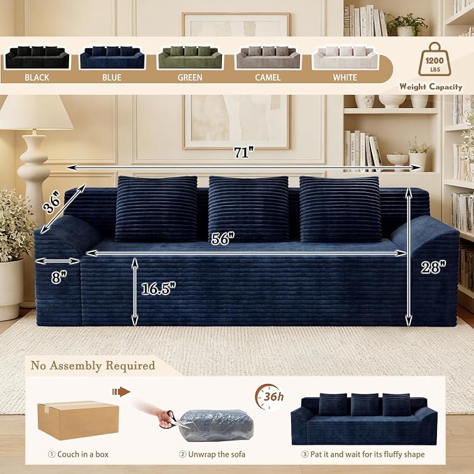 71" Corduroy Living Room Sofa, 3 Setaser Deep Seat Couch with 3 Lumbar Pillows, Comfy Boneless Sofa Modern Compressed Couch for Bedroom, Office, Apartment, No Assembly, Curved Armrests (Blue)