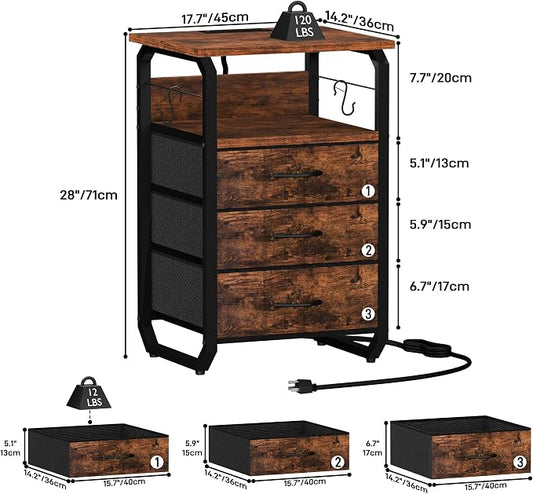 runjuly Night Stand Set 2, Nightstand with LED Lights and Fabric Drawers, Matching End Tables with Charging Station USB C Port, Bedside Tables with Hooks for Bedroom, Rustic Brown