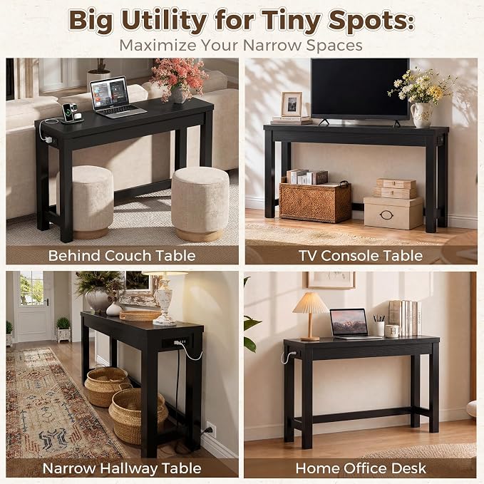 Cyclysio 47" Console Table with Charging Station, 13.8" Deep Farmhouse Sofa Table Behind Couch with 2 AC Outlets & 3 USB Ports, Entryway TV Console or Compact Home Office Desk, Black