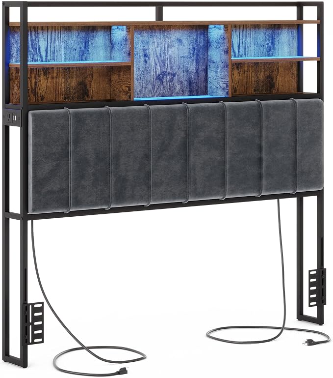 Hzuaneri Headboard with 3-Tier Storage Shelves, Velvet Upholstered Head Board with 2 Outlets, USB Ports & LED Light, Soft Backrest for Queen Size Bed, Rustic Brown and Black BH15201BV1