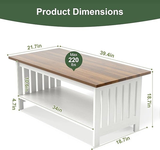 YOSHOOT 39.4" Farmhouse Coffee Table, Small Coffee Tables for Living Room | White, 2 Tier Coffee Table with Storage, Tea Table for Living Room Bedroom Small Space