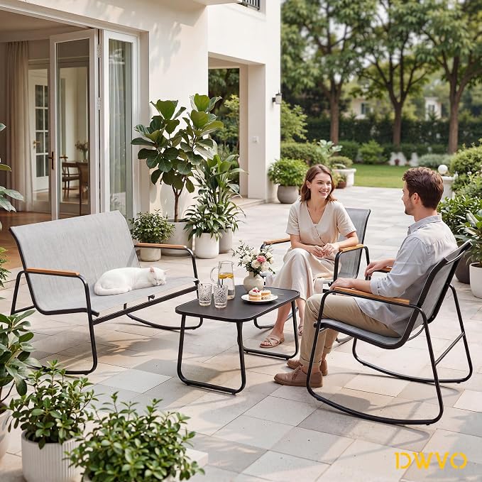 DWVO 4-Piece Patio Furniture Set, Textilene Conversation Set with Wooden Armrest Rocking Chairs and Tempered Glass Table for Indoor Outdoor Patio Lawn Garden Poolside, Grey