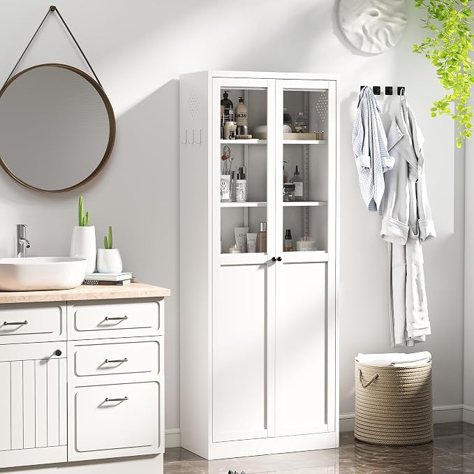 Kitchen Pantry Storage Cabinet, 72" H Storage Cabinet with Doors and Adjustable Shelves, Spacious Cupboard with 2 Handles, Metal Kitchen Cabinet for Dining Room, Living Room, White