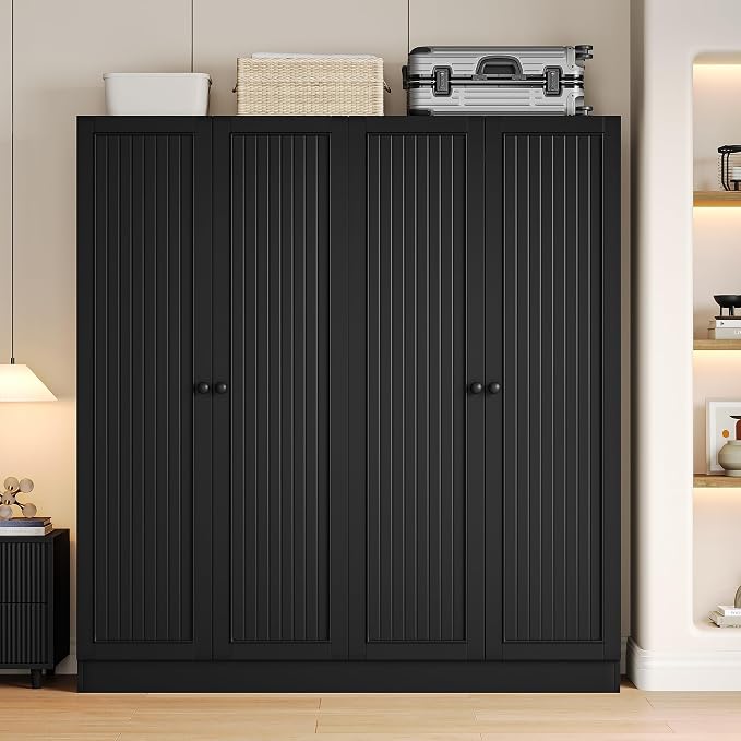 iPormis 4 Doors Armoire Wardrobe Closet with 2 Drawers, 63" Large Wardrobe Cabinet with Removable Hanging Rods and Adjustable Shelves, Closet Storage Cabinet for Bedroom, Cloak Room, Black