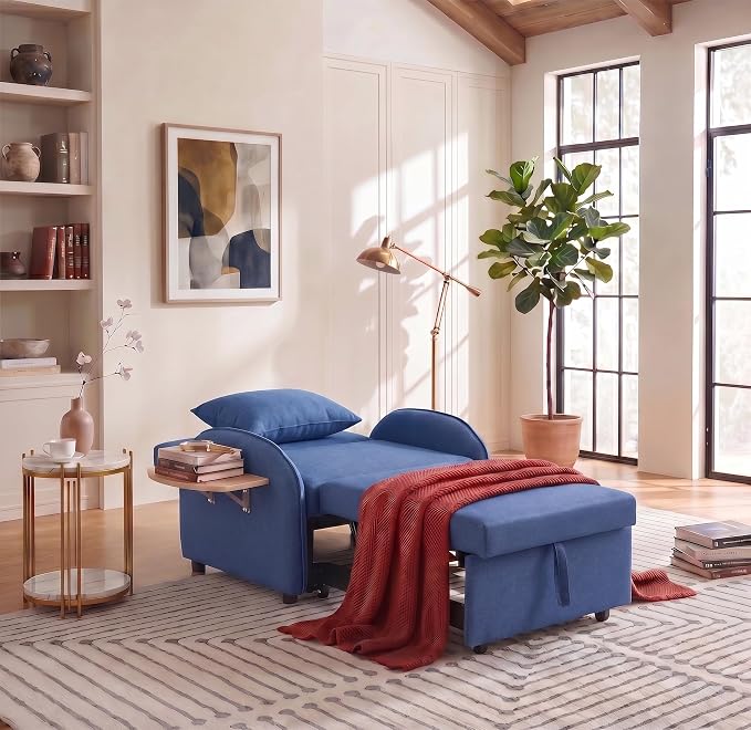 3-in-1 Convertible Sleeper Bed, Pull Out Single Sofa Bed with Adjustable Backrest, Foldable Recliner Sofa with Side Table & USB Port, Sleeper Chair for Living Room, Home Office, Blue