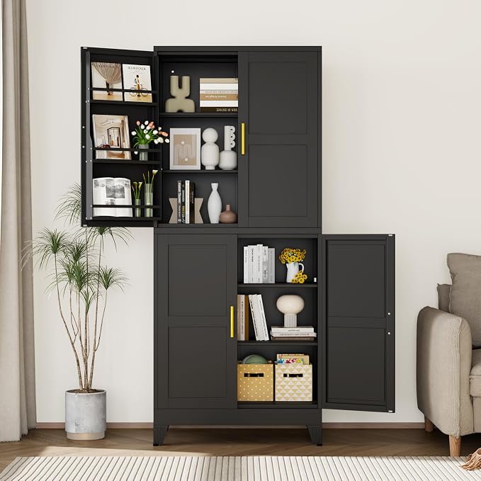 GAIOUS 74.8" Tall Metal Food Cabinet, Black Kitchen Pantry Cabinet, Storage Cabinets with 4 Door and 4 Adjustable Shelves, Steel Freestanding Cupboard for Kitchen Dining Room Living Room Bathroom