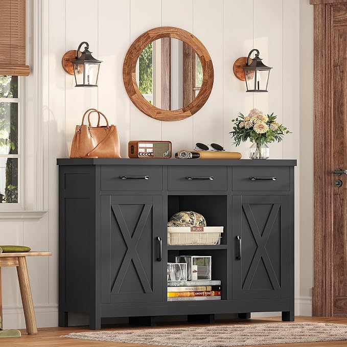 TEENFON Storage Cabinet, Coffee Bar Cabinet with 3 Drawers, 2 Adjustable Shelves & 2 Doors, Buffet Cabinet, Kitchen Cabinet for Kitchen, Dining Room, Living Room, Black