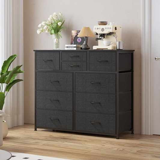 LUMTOK 10-Drawer Dresser, Fabric Storage Tower with Drawers for Bedroom, Dresser Drawer with Handle for Bedroom, Living Room, Hallway, Closets & Nurseryteel Frame, Wood Top (10 Drawer/Grey)