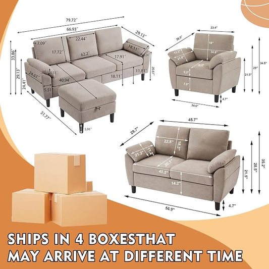 4 Piece Convertible Sectional Sofa Set, Modern Linen Small L Shaped Couch with Reversible Chaise, 3-Seater Sofa & Loveseat & Armchair for Living Room, Office, Apartment, Beige