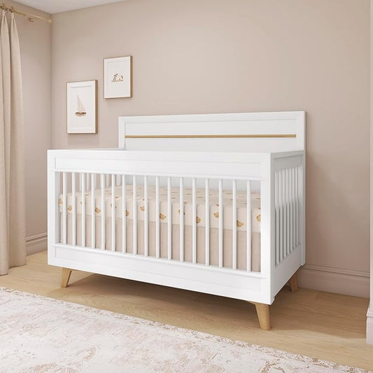 Evolur Loft Antilia Mid-Century 4-in-1 Convertible Crib in White & Natural, GREENGUARD Gold Certified, Converts to Toddler Bed, Daybed & Full Bed, Fits Standard Crib Mattress, Adjustable Mattress Base