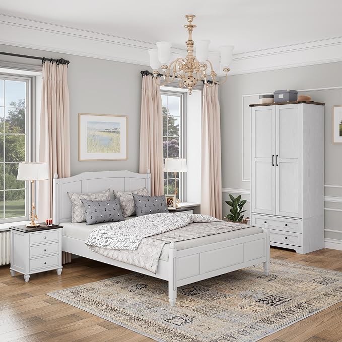 Brafab Armoire Wardrobe Closet with 2 Modern Doors Set of 2, 71" Tall Freestanding Closet Wardrobe Cabinet with Drawers and Hanging Rail, Light Wooden Storage Cabinet with Shelve for Bedroom, White