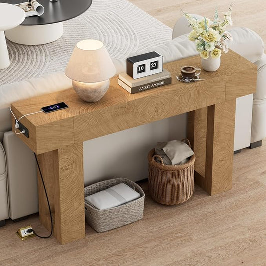 63 Inch Long Console Table w/Outlets & USB Ports, Narrow Rectangular Sofa Table Behind The Couch, Farmhouse Entryway Table for Entrance, Hallway, Living Room