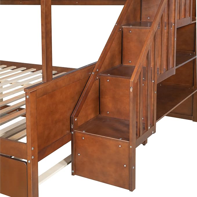 Modern Bunk Bed Full XL Over Queen Size with Storage Shelves and Staircase, Solid Wood Bunk Bed Frame with Trundle and LED Light for Kids Teens Adults (Walnut-3.9)