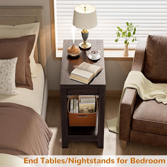 Besiost Farmhouse End Table, Narrow Side Table, Slim End Table with Storage Shelf, Small Console Table for Small Spaces, Rustic Nightstand Sofa Table for Living Room, Bedroom, 24" Black Walnut