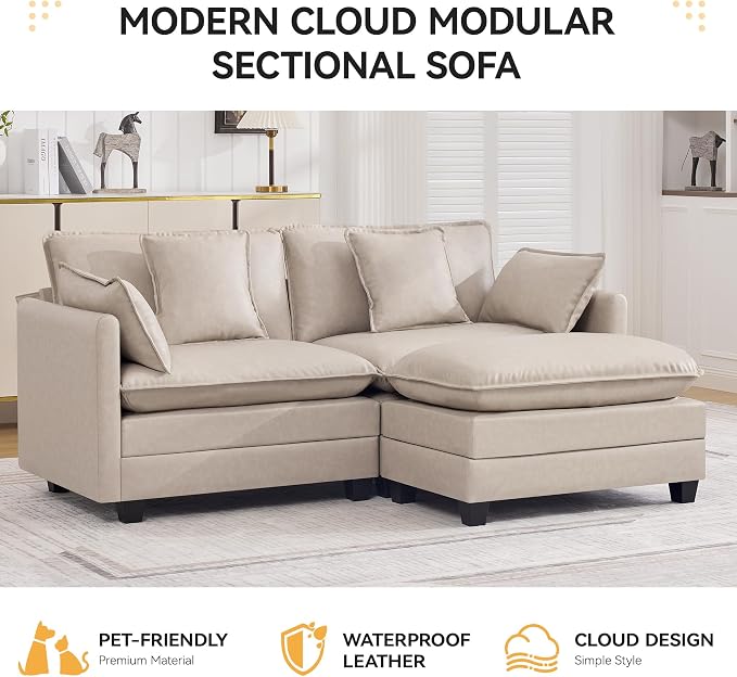76'' Cloud Deep Seat Loveseat Sofa, Upholstered Leather Modular 2-Seats Sectional Sofa Couch with Movable Ottoman, Modern Comfy Settee Loveseat for Living Room Set, Small Apartment, Leather Beige