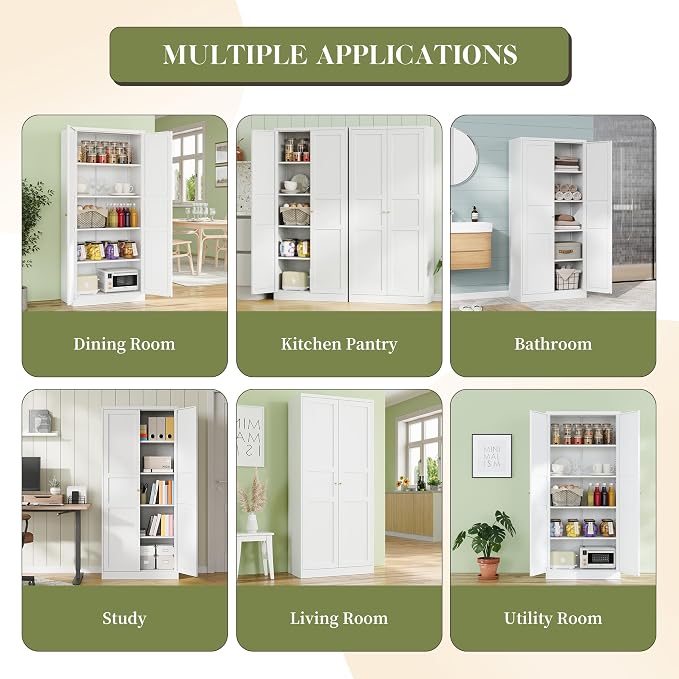 RAVIGIN Metal Storage Cabinet,71" H Pantry Cabinet with 2 Doors and 5 Adjustable Shelves,6 Tier Tall Kitchen Storage Cabinets for Kitchen,Pantry,Living/Study/Laundry Room(White)