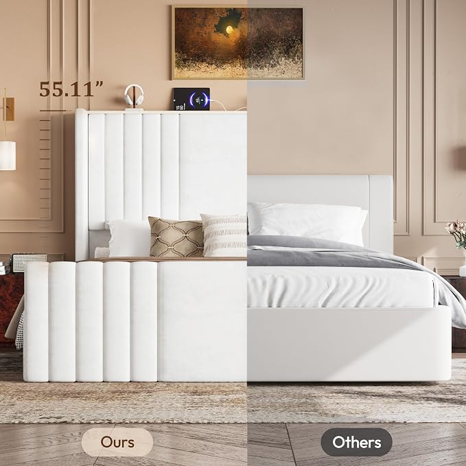 Queen Bed Frame with 55.1" Tall Headboard, Velvet Upholstered Platform Bed with Channel Tufted Wingback, 2 Reading Lights/Storage Shelf/Charging Station/Easy Assembly/Noise-Free, Cream