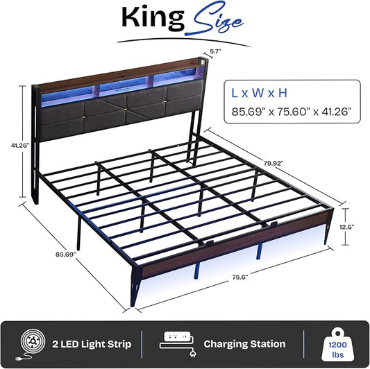 King bed frame with headboard, Upholstered Platform Bed Frame with Charging Station, Dual LED Light Strips, 2-Tier Storage Shelves, Heavy Duty Metal bed frame, Noise-Free, No Box Spring Needed, Black