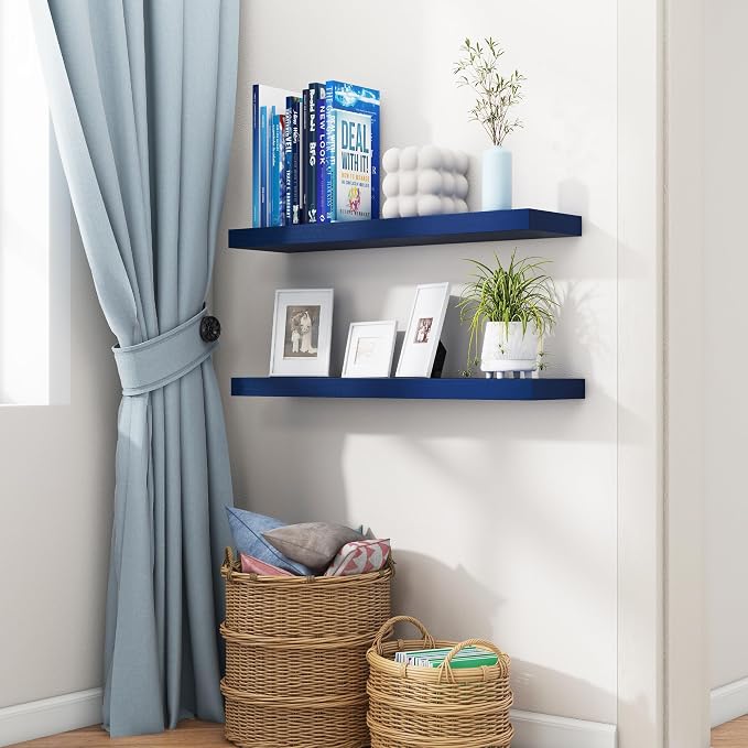 fuqing 30 Inch Floating Shelves, Dark Blue Floating Shelves for Wall Set of 2, 30'' Long Wooden Wall Shelves for Living Room Bedroom Kids' Room Boys' Room - Dark Blue