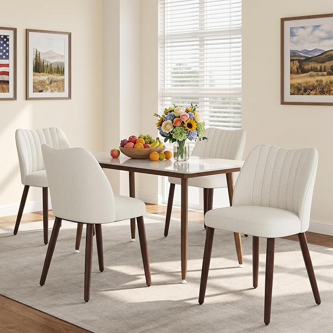 Upholstered Dining Chairs Set of 4, Modern Fabric Dining Chairs with Curved Backrest & Solid Rubber Wood Legs, Padded Kitchen Dining Room Chairs for Restaurant Cafe, Beige