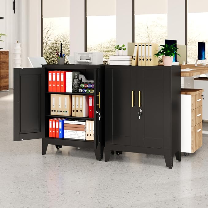 Black Metal Storage Cabinet, 36" Tall Locking Storage Cabinet with 2 Adjustable Shelves, Steel Locker Organizer, for Office, Home, School, 11.81" D x 23.62" W x 35.83" H