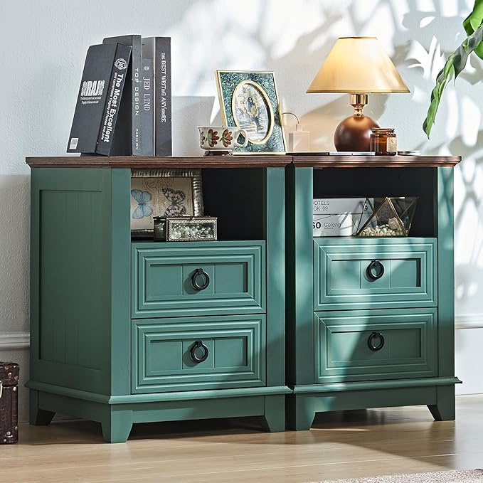 Joaxswe 18" Farmhouse Night Stand with Charging Station, 2 Drawers Bedside End Table, Green Wooden Nightstand, Bed Side Table Cabinet with Open Shelf for Bedroom Living Room Office