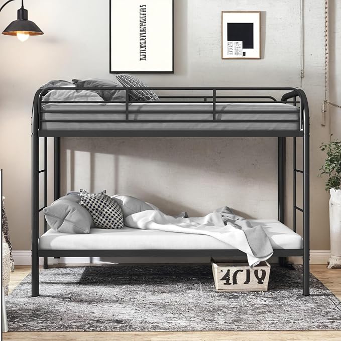 Flolinda Metal Bunk Bed Twin Over Twin, Heavy Duty Bunk Beds with 2 Ladders and 11.8" Full-Length Guardrail, Space-Saving Bunk Bed with Storage, No Box Spring Needed, Easy Assemble, Black