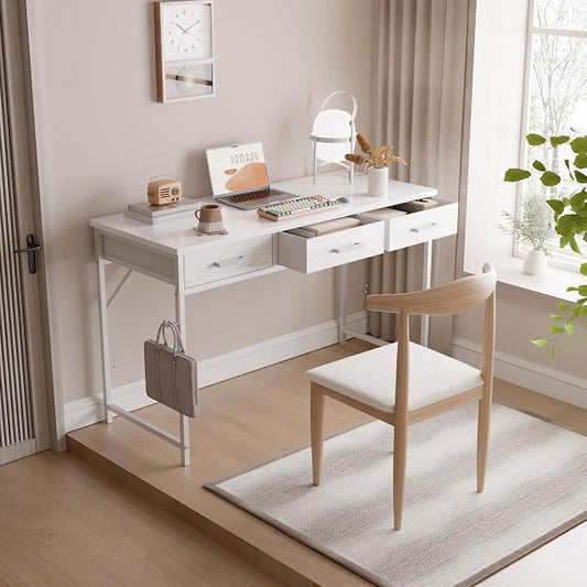 Pamray 47 Inch Small Computer Desk with 3 Drawers for Bedroom Study Writing Home Office Table for Small Spaces White