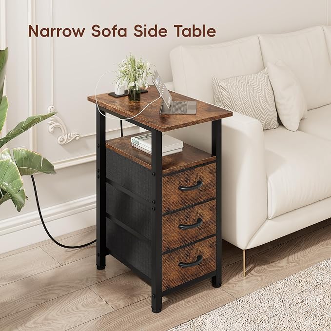 Vagusicc End Table with Charging Station, Narrow Side Table, Narrow Nightstand with 3 Fabric Drawers, Slim Sofa Side Table for Small Spaces, Small Night Stand for Bedroom, Rustic Brown