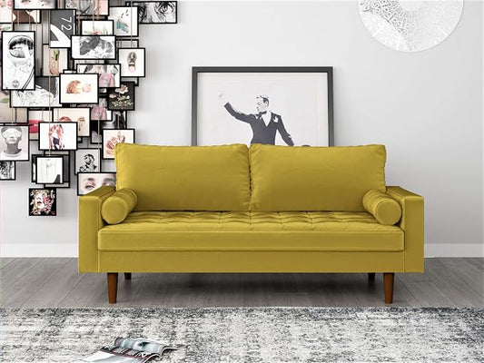 Container Furniture Direct Womble Mid Century Modern Velvet Upholstered Tufted Seat with Bolster Pillows, Sofa, Dijon