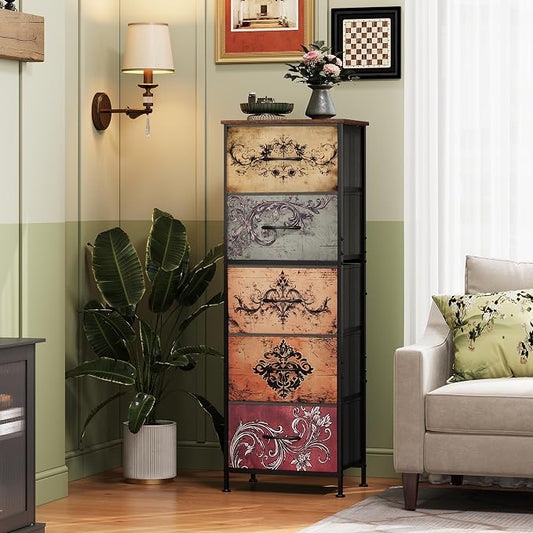 WLIVE Fabric Dresser, 5-Drawer Tall Dressers for Bedroom, Storage Dresser Organizer with Fabric Bins, Wood Top, Sturdy Steel Frame, Chest of Drawers for Closet, Hallway, Pattern