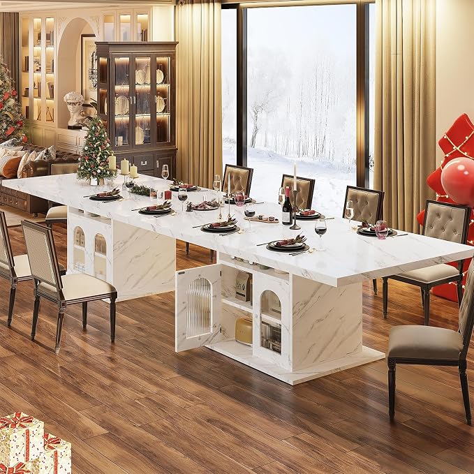 HSH Dining Table for 4–6, 63" Modern Kitchen Dining Room Table with Storage Shelves & Acrylic Door Cabinet,Wood Rectangle Dinner Table with Faux Marble Top for Home Apartment, White Faux Marble
