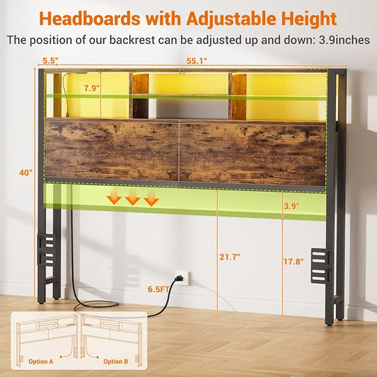 Aheaplus Headboard for Full Size Bed with Storage, Headboards with Outlets, USB Ports and LED Light, Full Size Head Board, Height Adjustable, Reversible, Sturdy and Stable Headboard, Rustic Brown