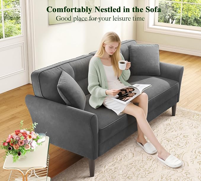 Loveseat Sofa, 69" Love Seat Couches, Comfy Velvet Small Couches for Small Spaces with 2 Pillows, Tool-Free Setup Sofas & Couches, 700lb Load Sofas for Living Room, Mini Couch for Bedroom, Grey Couch