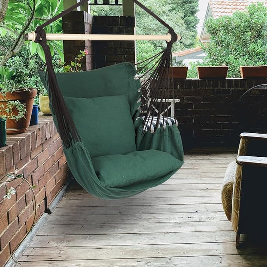 Highwild Hammock Chair Hanging Rope Swing - Max 500 Lbs - 2 Cushions Included - Steel Spreader Bar with Anti-Slip Rings - for Any Indoor or Outdoor Spaces (D- Cushions Included-Green)